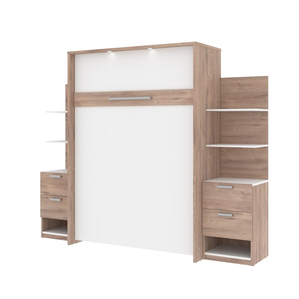 Cielo 99W Full Murphy Bed with Floating Shelves and Drawers (98W), Rustic Brown & White